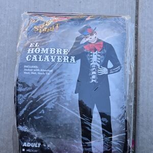 El Hombre Calavera Skeleton Costume with Red and Blue Accents